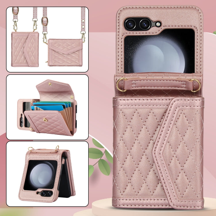 For Samsung Galaxy Z Flip5 Splicing Rhombic Texture Phone Case with Long & Short Lanyard, Not Included Pen