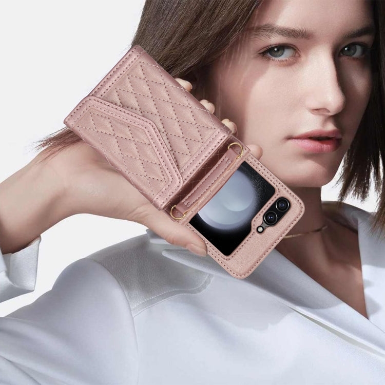 For Samsung Galaxy Z Flip5 Splicing Rhombic Texture Phone Case with Long & Short Lanyard, Not Included Pen