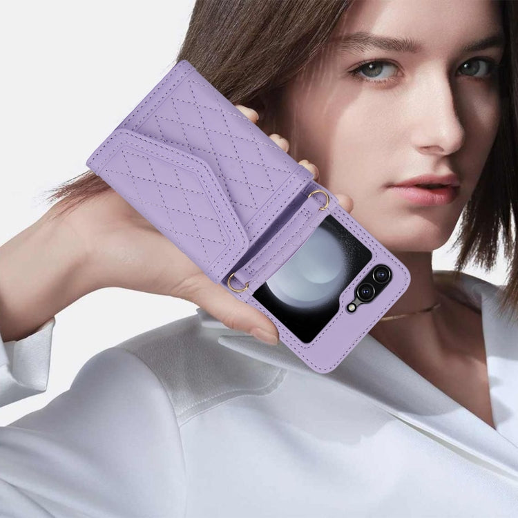 For Samsung Galaxy Z Flip5 Splicing Rhombic Texture Phone Case with Long & Short Lanyard, Not Included Pen