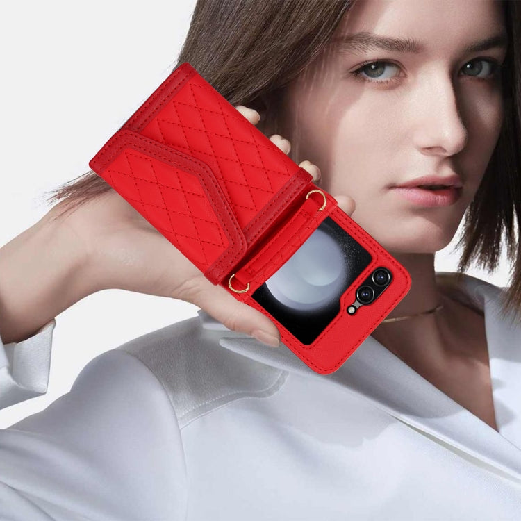 For Samsung Galaxy Z Flip5 Splicing Rhombic Texture Phone Case with Long & Short Lanyard, Not Included Pen