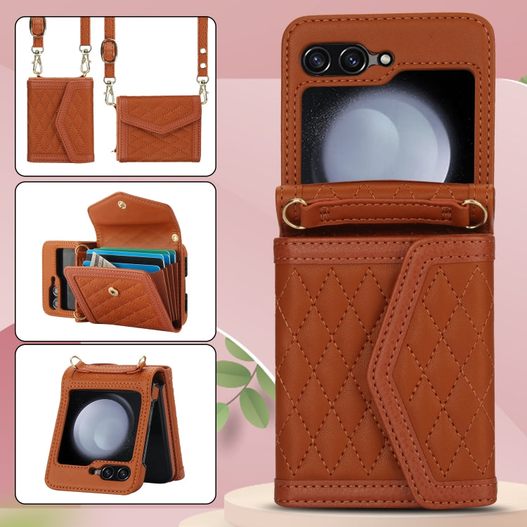 For Samsung Galaxy Z Flip5 Splicing Rhombic Texture Phone Case with Long & Short Lanyard, Not Included Pen