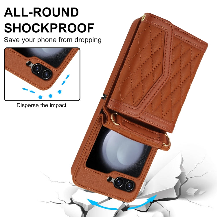 For Samsung Galaxy Z Flip5 Splicing Rhombic Texture Phone Case with Long & Short Lanyard, Not Included Pen