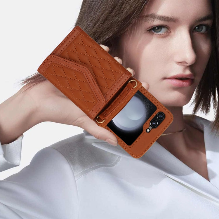 For Samsung Galaxy Z Flip5 Splicing Rhombic Texture Phone Case with Long & Short Lanyard, Not Included Pen