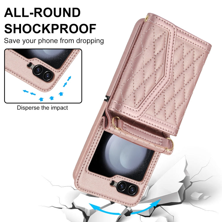 For Samsung Galaxy Z Flip6 / Flip7 FE Splicing Rhombic Texture Phone Case with Long & Short Lanyard, Not Included Pen