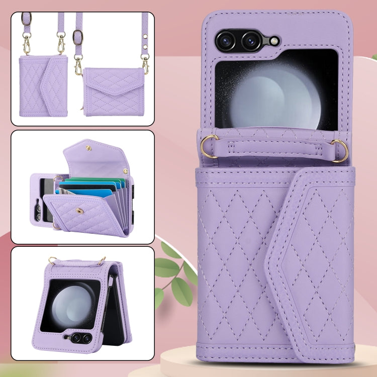 For Samsung Galaxy Z Flip6 / Flip7 FE Splicing Rhombic Texture Phone Case with Long & Short Lanyard, Not Included Pen