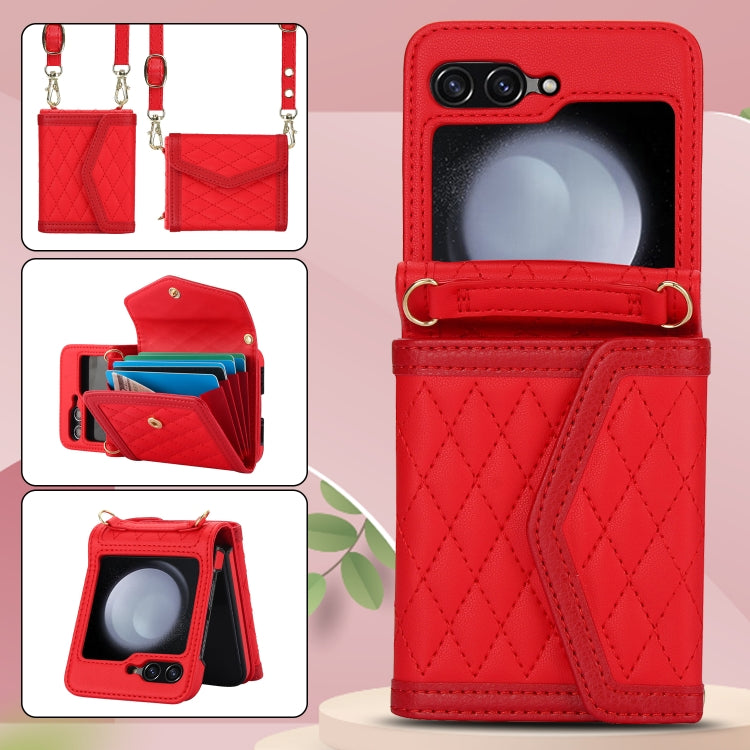 For Samsung Galaxy Z Flip6 / Flip7 FE Splicing Rhombic Texture Phone Case with Long & Short Lanyard, Not Included Pen