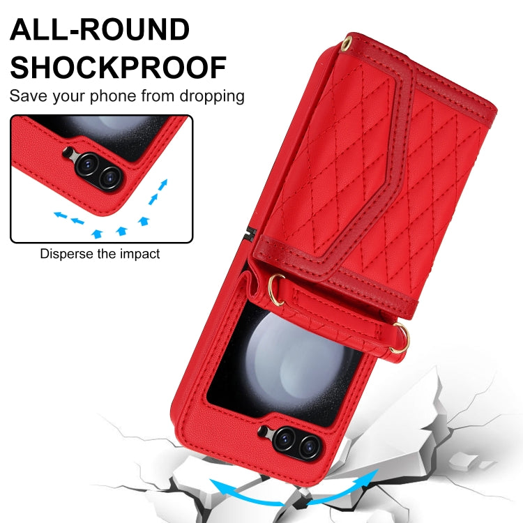 For Samsung Galaxy Z Flip6 / Flip7 FE Splicing Rhombic Texture Phone Case with Long & Short Lanyard, Not Included Pen