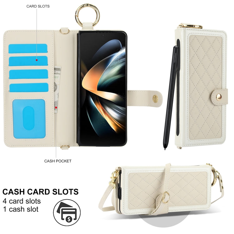 For Samsung Galaxy Z Fold4 Splicing Rhombic Texture Phone Case with Long & Short Lanyard, Not Included Pen