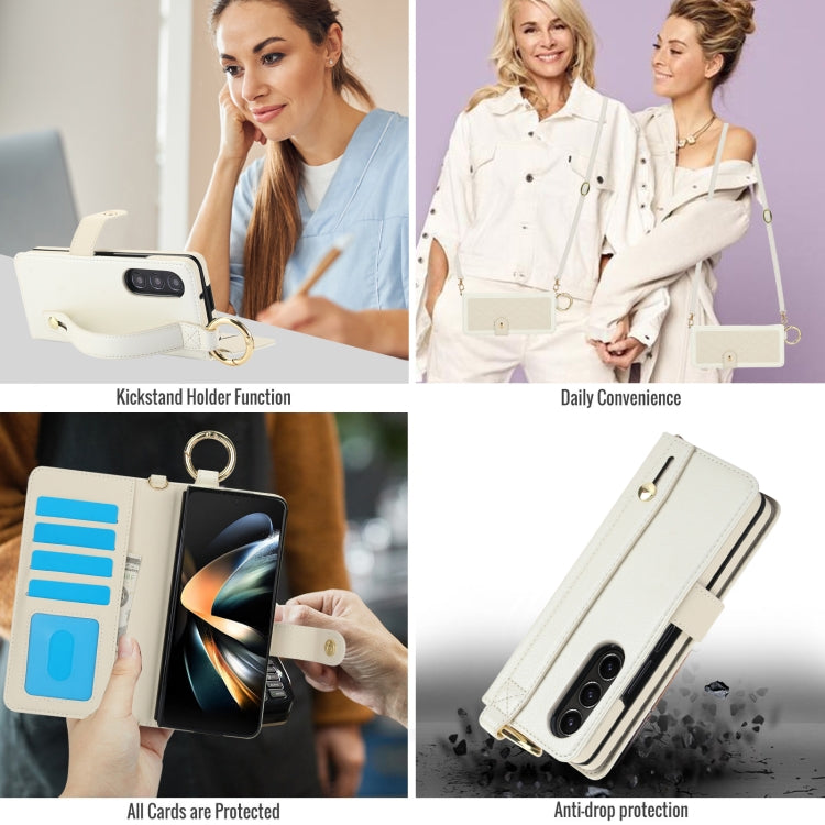 For Samsung Galaxy Z Fold4 Splicing Rhombic Texture Phone Case with Long & Short Lanyard, Not Included Pen