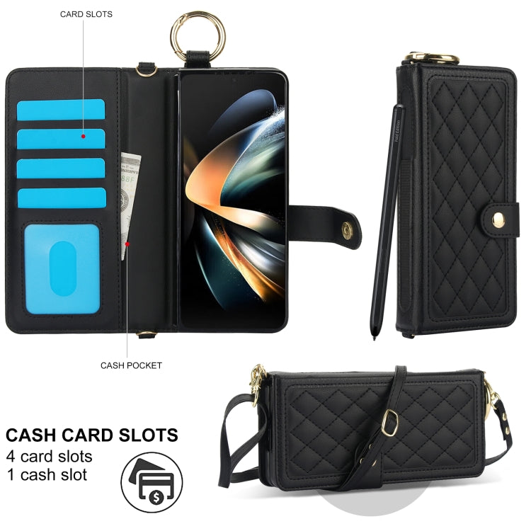 For Samsung Galaxy Z Fold4 Splicing Rhombic Texture Phone Case with Long & Short Lanyard, Not Included Pen