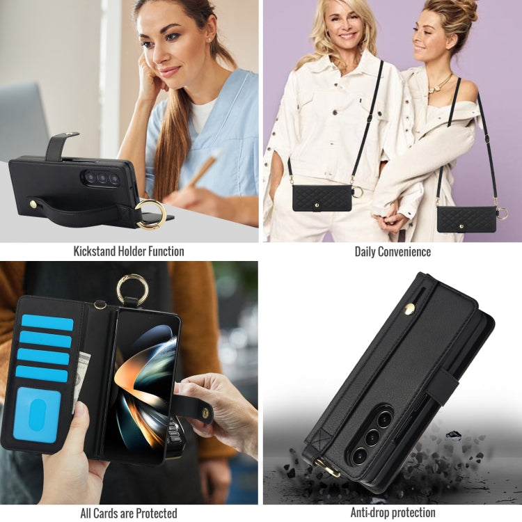 For Samsung Galaxy Z Fold4 Splicing Rhombic Texture Phone Case with Long & Short Lanyard, Not Included Pen