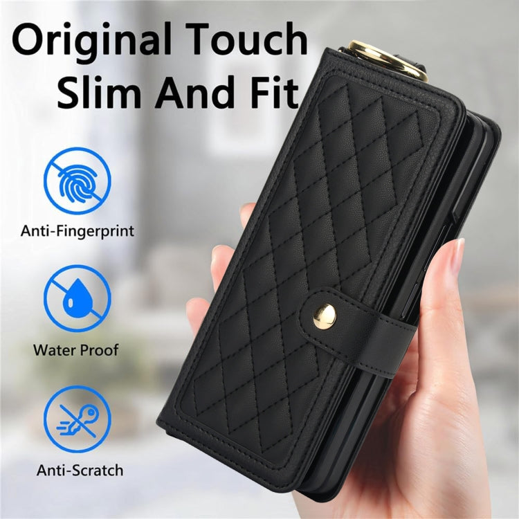 For Samsung Galaxy Z Fold4 Splicing Rhombic Texture Phone Case with Long & Short Lanyard, Not Included Pen