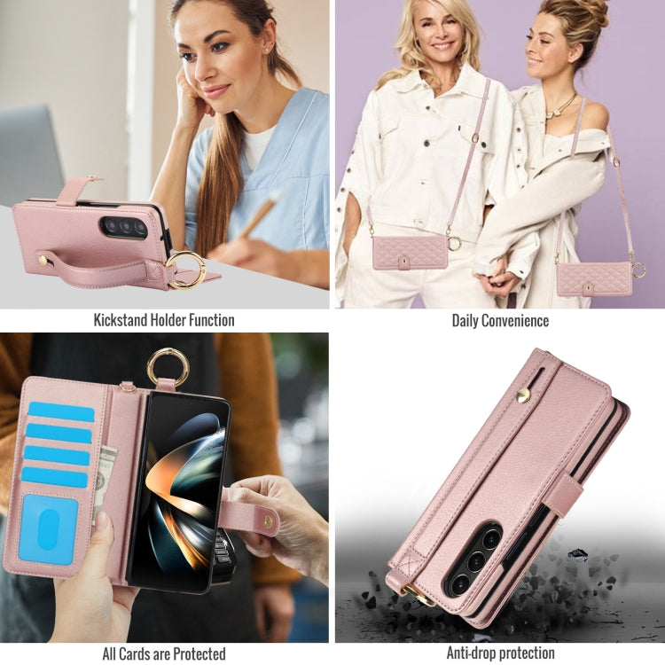 For Samsung Galaxy Z Fold4 Splicing Rhombic Texture Phone Case with Long & Short Lanyard, Not Included Pen