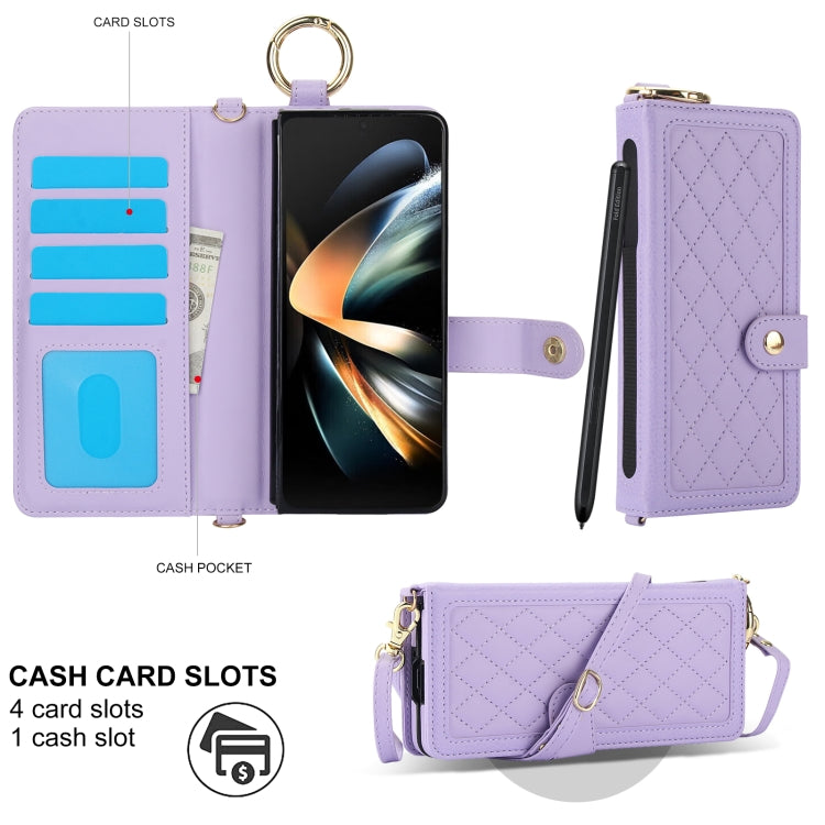 For Samsung Galaxy Z Fold4 Splicing Rhombic Texture Phone Case with Long & Short Lanyard, Not Included Pen