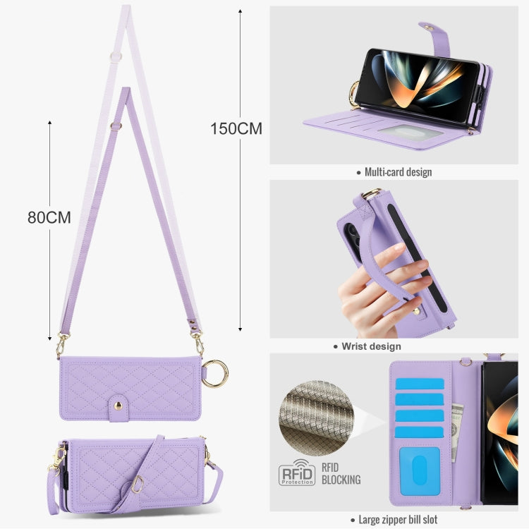 For Samsung Galaxy Z Fold4 Splicing Rhombic Texture Phone Case with Long & Short Lanyard, Not Included Pen