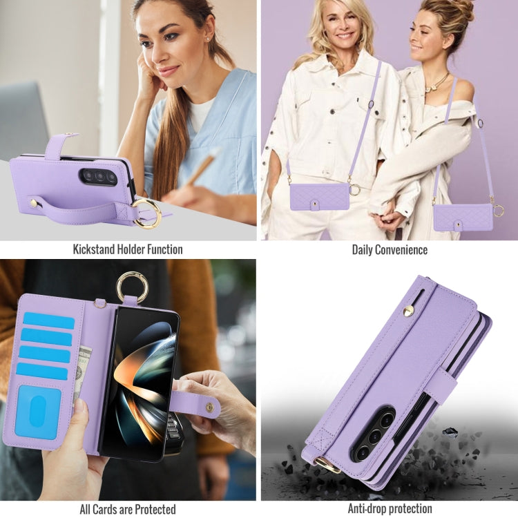 For Samsung Galaxy Z Fold4 Splicing Rhombic Texture Phone Case with Long & Short Lanyard, Not Included Pen