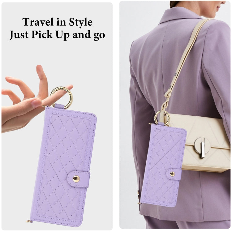 For Samsung Galaxy Z Fold4 Splicing Rhombic Texture Phone Case with Long & Short Lanyard, Not Included Pen