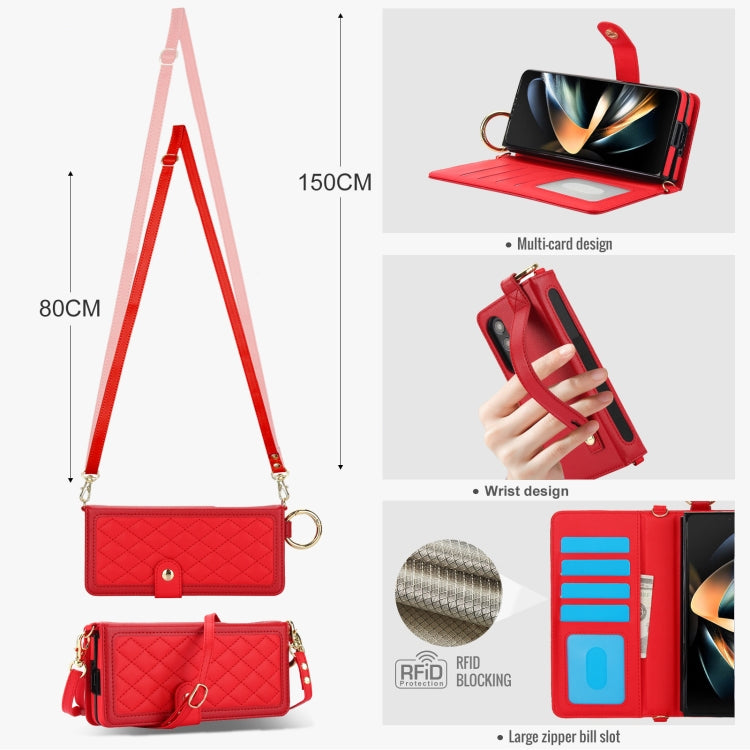 For Samsung Galaxy Z Fold4 Splicing Rhombic Texture Phone Case with Long & Short Lanyard, Not Included Pen