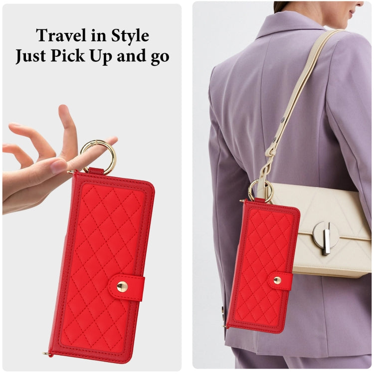 For Samsung Galaxy Z Fold4 Splicing Rhombic Texture Phone Case with Long & Short Lanyard, Not Included Pen