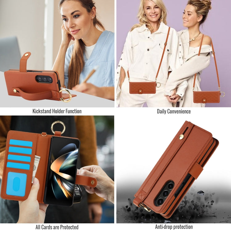 For Samsung Galaxy Z Fold4 Splicing Rhombic Texture Phone Case with Long & Short Lanyard, Not Included Pen