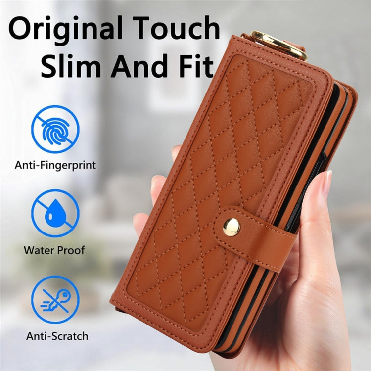 For Samsung Galaxy Z Fold4 Splicing Rhombic Texture Phone Case with Long & Short Lanyard, Not Included Pen