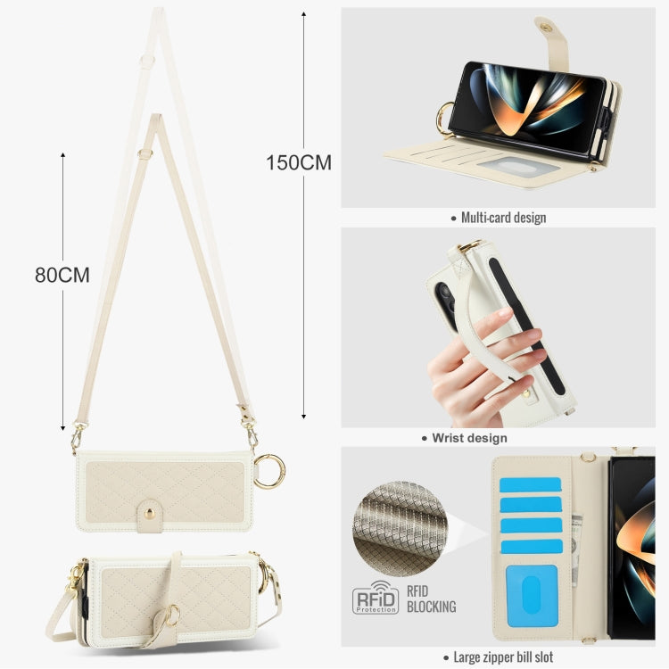 For Samsung Galaxy Z Fold3 Splicing Rhombic Texture Phone Case with Long & Short Lanyard, Not Included Pen