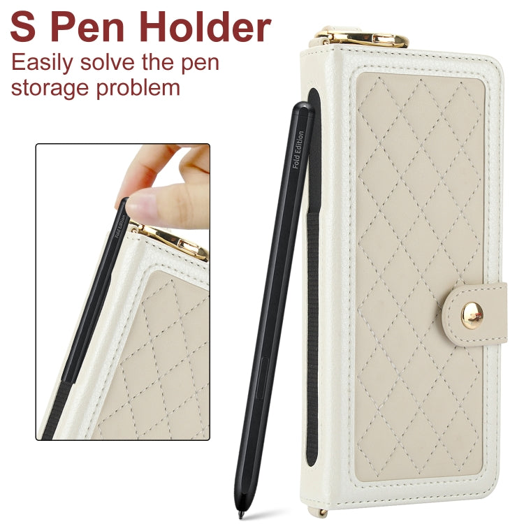 For Samsung Galaxy Z Fold3 Splicing Rhombic Texture Phone Case with Long & Short Lanyard, Not Included Pen