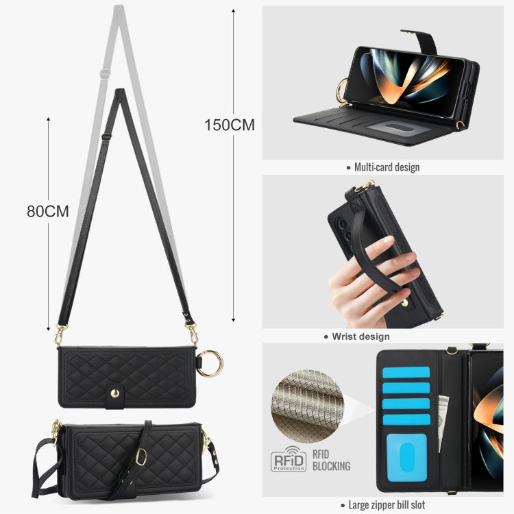 For Samsung Galaxy Z Fold3 Splicing Rhombic Texture Phone Case with Long & Short Lanyard, Not Included Pen