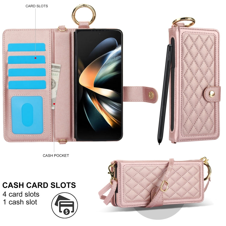 For Samsung Galaxy Z Fold3 Splicing Rhombic Texture Phone Case with Long & Short Lanyard, Not Included Pen