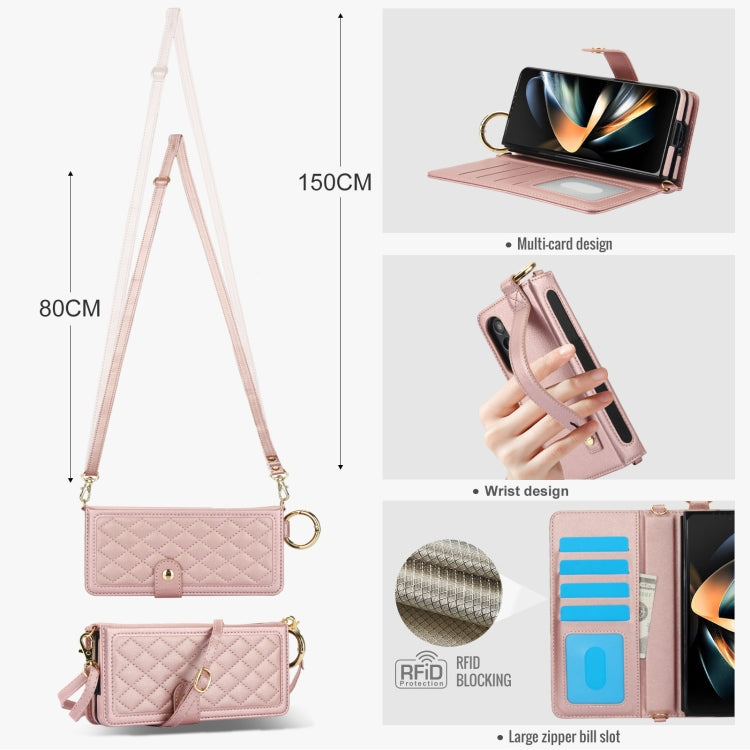 For Samsung Galaxy Z Fold3 Splicing Rhombic Texture Phone Case with Long & Short Lanyard, Not Included Pen
