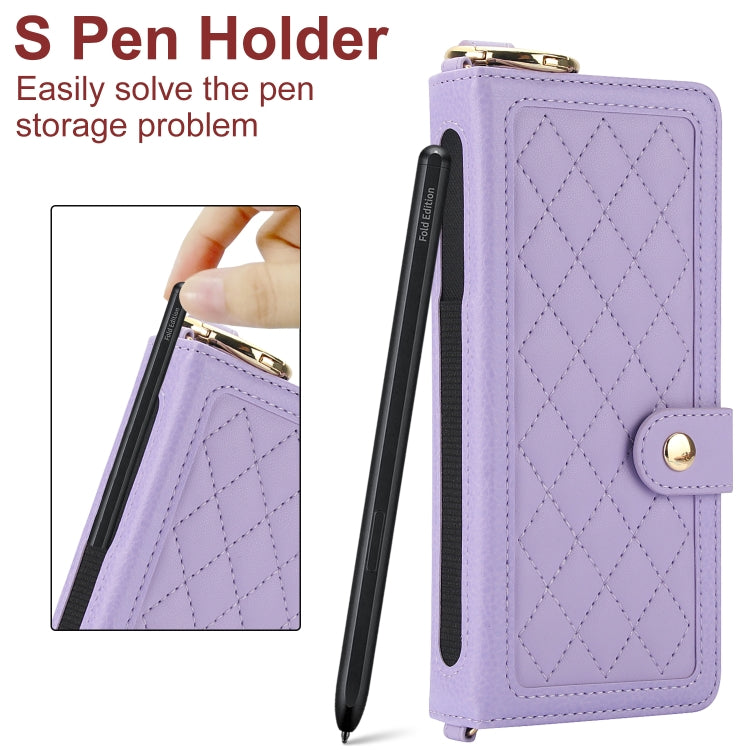 For Samsung Galaxy Z Fold3 Splicing Rhombic Texture Phone Case with Long & Short Lanyard, Not Included Pen