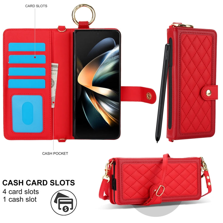 For Samsung Galaxy Z Fold3 Splicing Rhombic Texture Phone Case with Long & Short Lanyard, Not Included Pen
