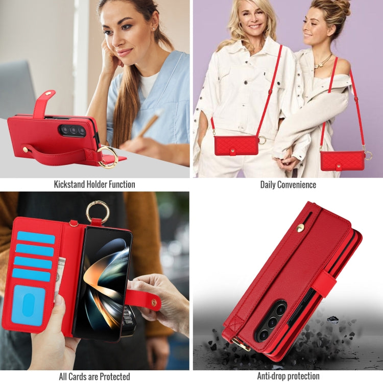 For Samsung Galaxy Z Fold3 Splicing Rhombic Texture Phone Case with Long & Short Lanyard, Not Included Pen