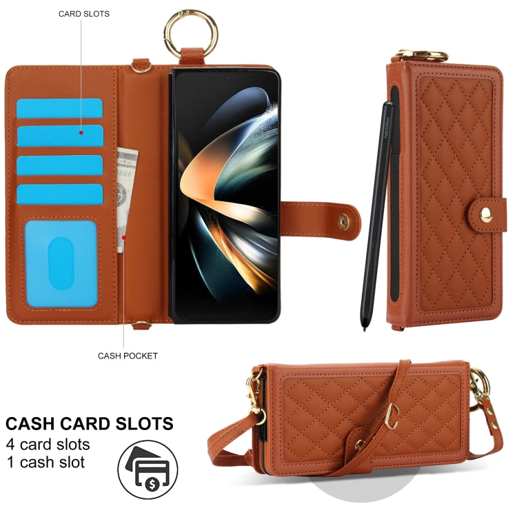 For Samsung Galaxy Z Fold3 Splicing Rhombic Texture Phone Case with Long & Short Lanyard, Not Included Pen