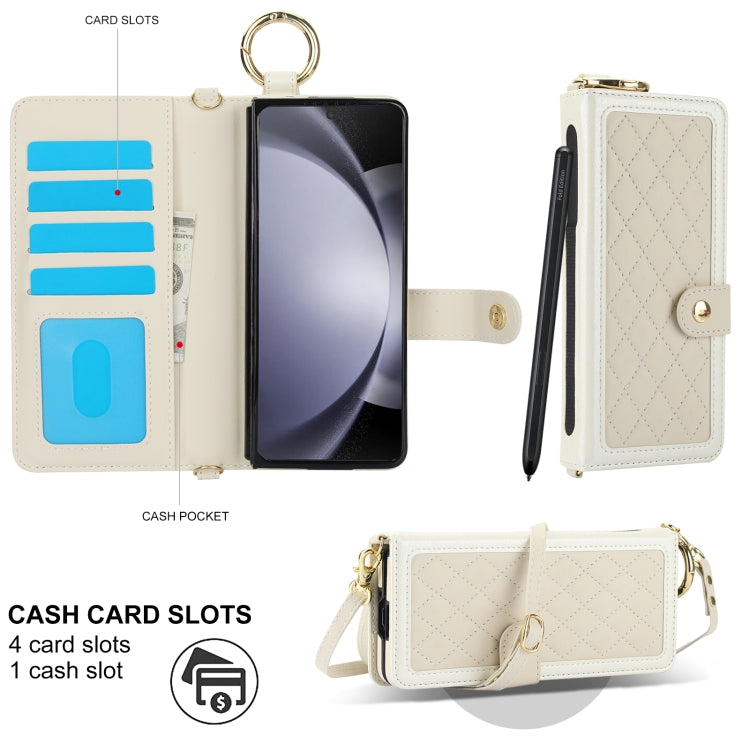 For Samsung Galaxy Z Fold5 Splicing Rhombic Texture Phone Case with Long & Short Lanyard, Not Included Pen