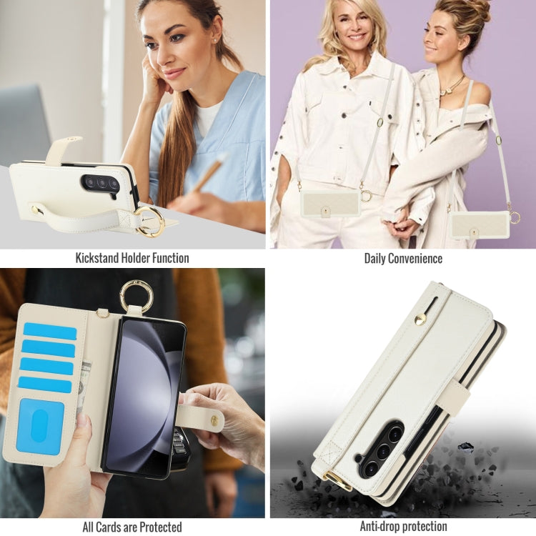 For Samsung Galaxy Z Fold5 Splicing Rhombic Texture Phone Case with Long & Short Lanyard, Not Included Pen