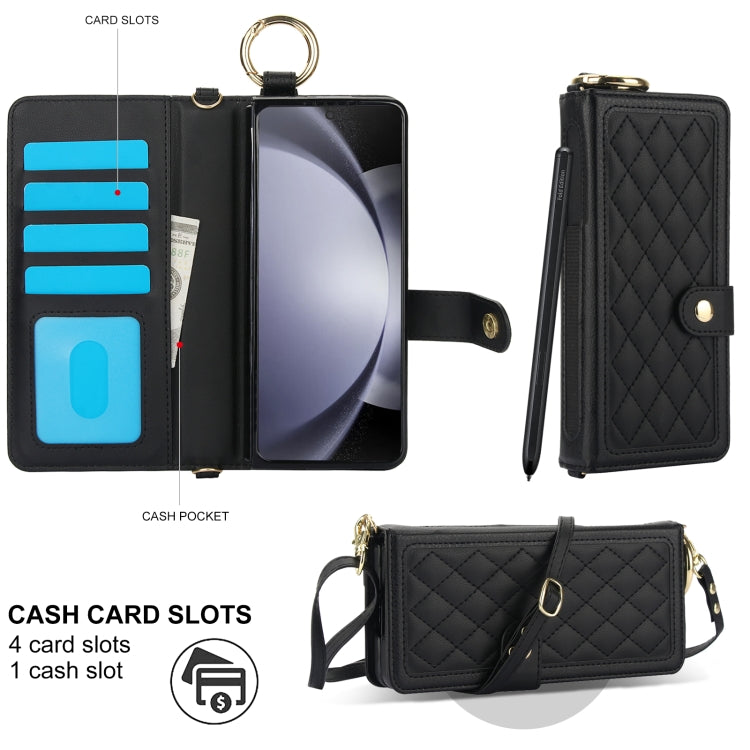 For Samsung Galaxy Z Fold5 Splicing Rhombic Texture Phone Case with Long & Short Lanyard, Not Included Pen