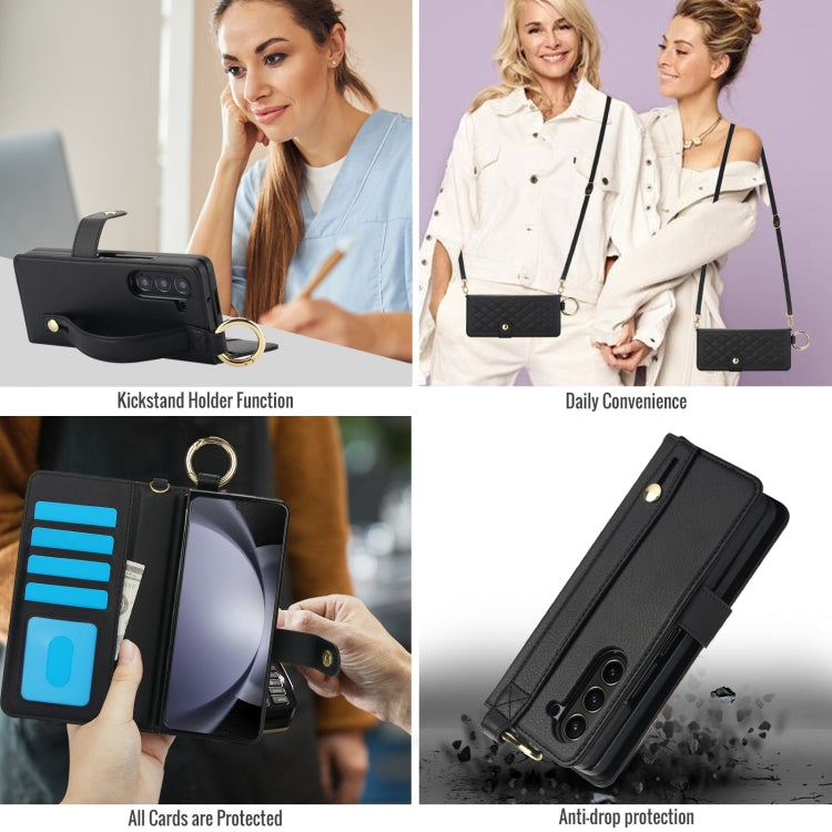 For Samsung Galaxy Z Fold5 Splicing Rhombic Texture Phone Case with Long & Short Lanyard, Not Included Pen