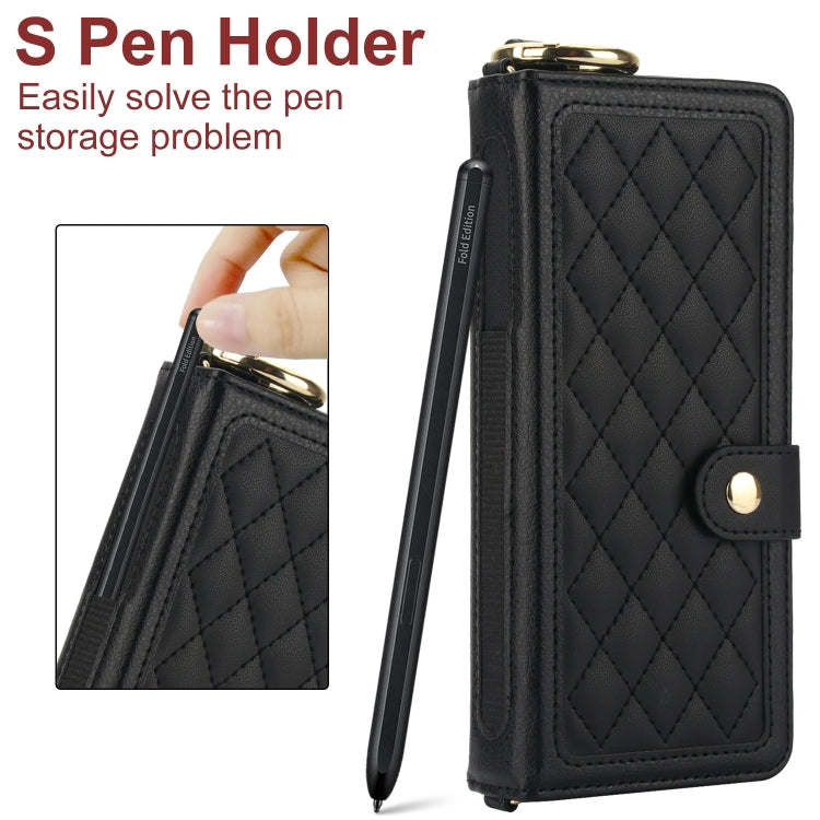 For Samsung Galaxy Z Fold5 Splicing Rhombic Texture Phone Case with Long & Short Lanyard, Not Included Pen