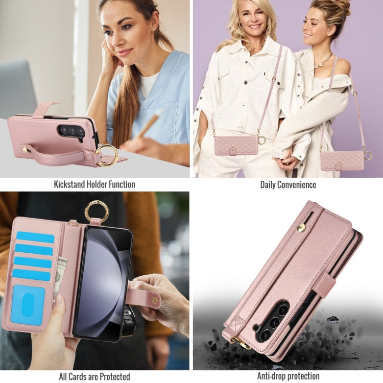 For Samsung Galaxy Z Fold5 Splicing Rhombic Texture Phone Case with Long & Short Lanyard, Not Included Pen