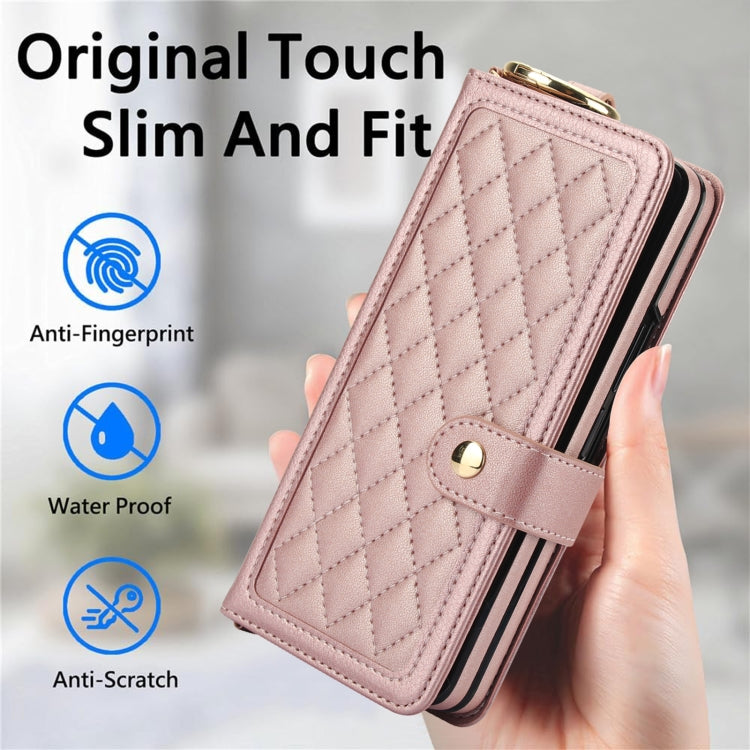 For Samsung Galaxy Z Fold5 Splicing Rhombic Texture Phone Case with Long & Short Lanyard, Not Included Pen