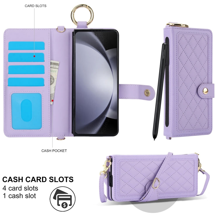 For Samsung Galaxy Z Fold5 Splicing Rhombic Texture Phone Case with Long & Short Lanyard, Not Included Pen