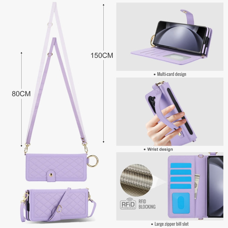 For Samsung Galaxy Z Fold5 Splicing Rhombic Texture Phone Case with Long & Short Lanyard, Not Included Pen