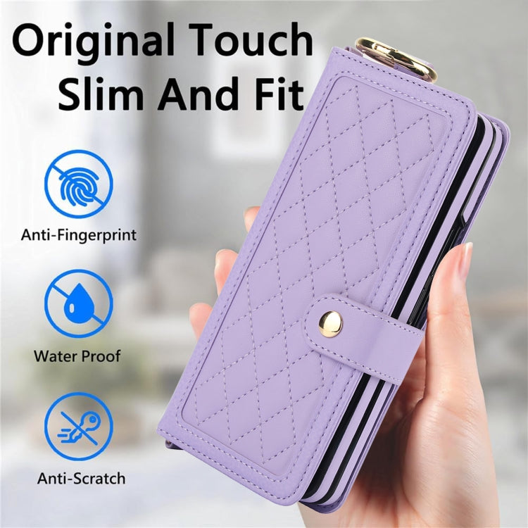 For Samsung Galaxy Z Fold5 Splicing Rhombic Texture Phone Case with Long & Short Lanyard, Not Included Pen