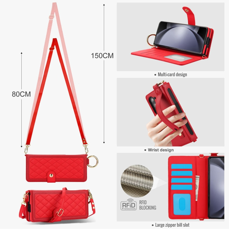 For Samsung Galaxy Z Fold5 Splicing Rhombic Texture Phone Case with Long & Short Lanyard, Not Included Pen