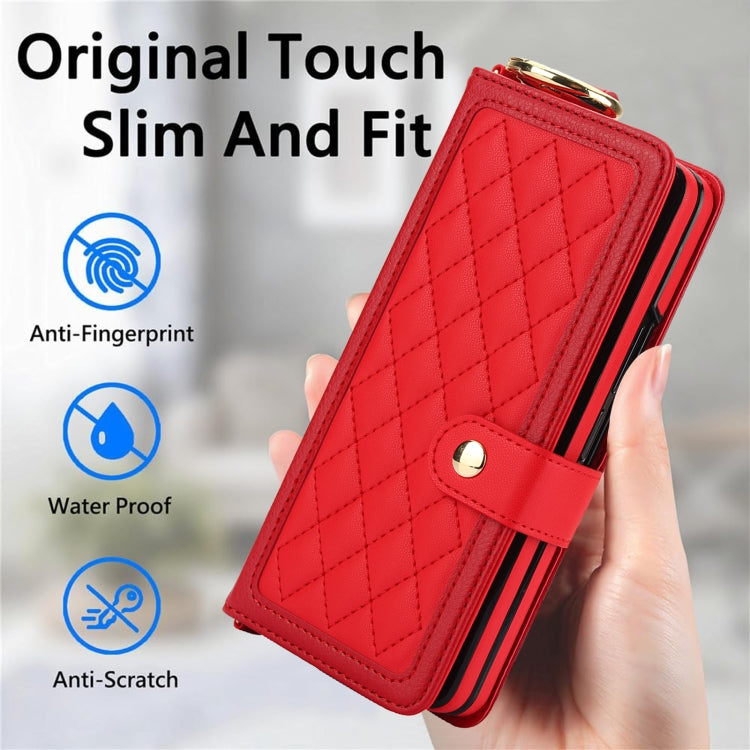 For Samsung Galaxy Z Fold5 Splicing Rhombic Texture Phone Case with Long & Short Lanyard, Not Included Pen