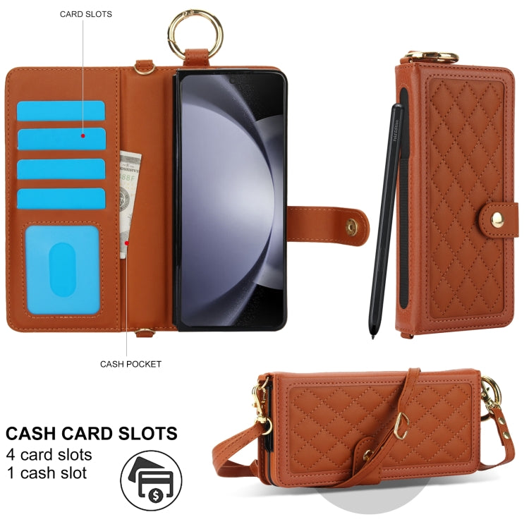 For Samsung Galaxy Z Fold5 Splicing Rhombic Texture Phone Case with Long & Short Lanyard, Not Included Pen