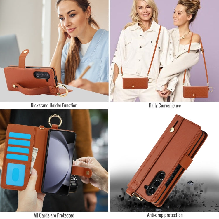 For Samsung Galaxy Z Fold5 Splicing Rhombic Texture Phone Case with Long & Short Lanyard, Not Included Pen