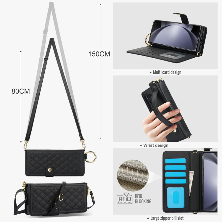 For Samsung Galaxy Z Fold6 Splicing Rhombic Texture Phone Case with Long & Short Lanyard, Not Included Pen