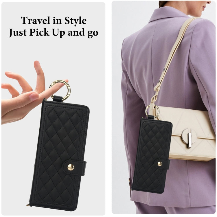 For Samsung Galaxy Z Fold6 Splicing Rhombic Texture Phone Case with Long & Short Lanyard, Not Included Pen